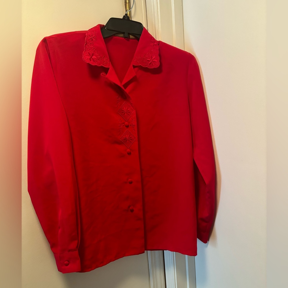 Laura Scott red button up with embroidery